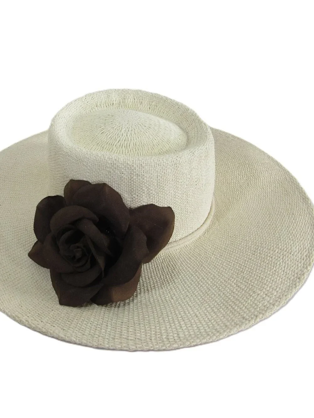 SUPER CUTE WIDE BRIM GOUCHO STYLE FEDORA SUN HAT, CHIN STRING ,BROWN ROSE M/L